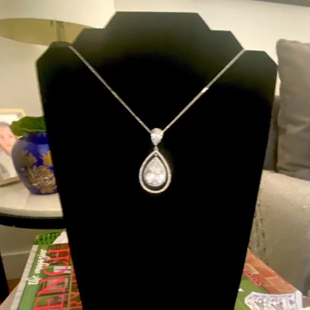 SPI Italian 925 Silver Double Pear Shape CZ Stone Pendant Necklace Jewelry - Picture 4 of 6